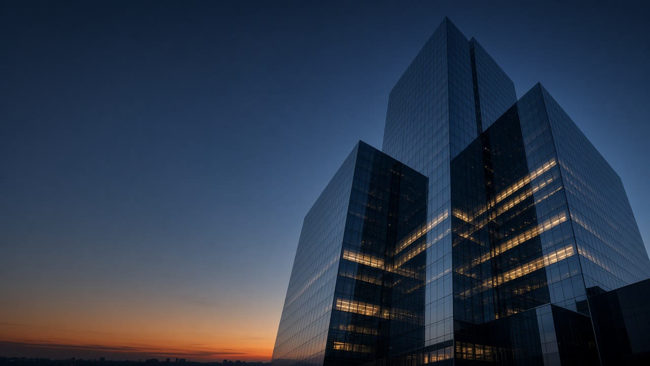 Modern glass office towers at dusk