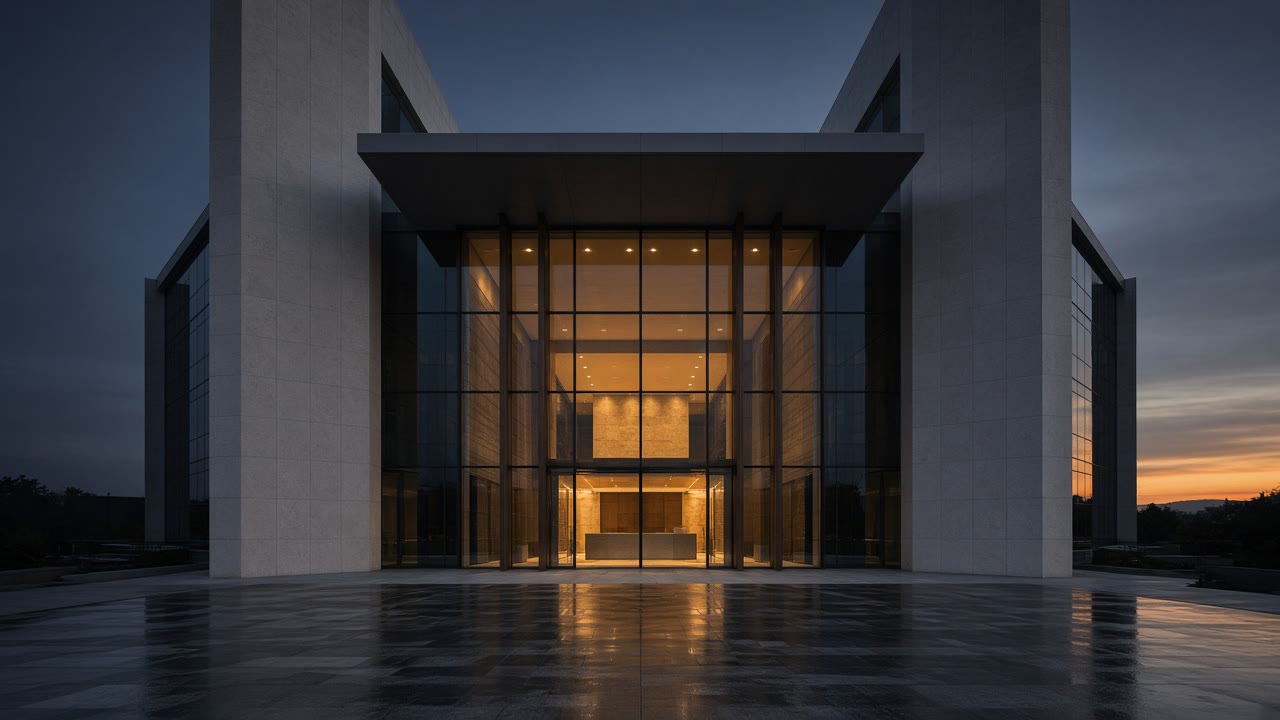 A stone and glass building entrance lit from within at dusk